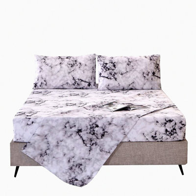 Monochrome Marble Queen Bedding Set - 4PC White Modern Pattern Printed Sheets with 2 Pillowcases - 14" Deep Pocket - Luxe Sleep Essentials