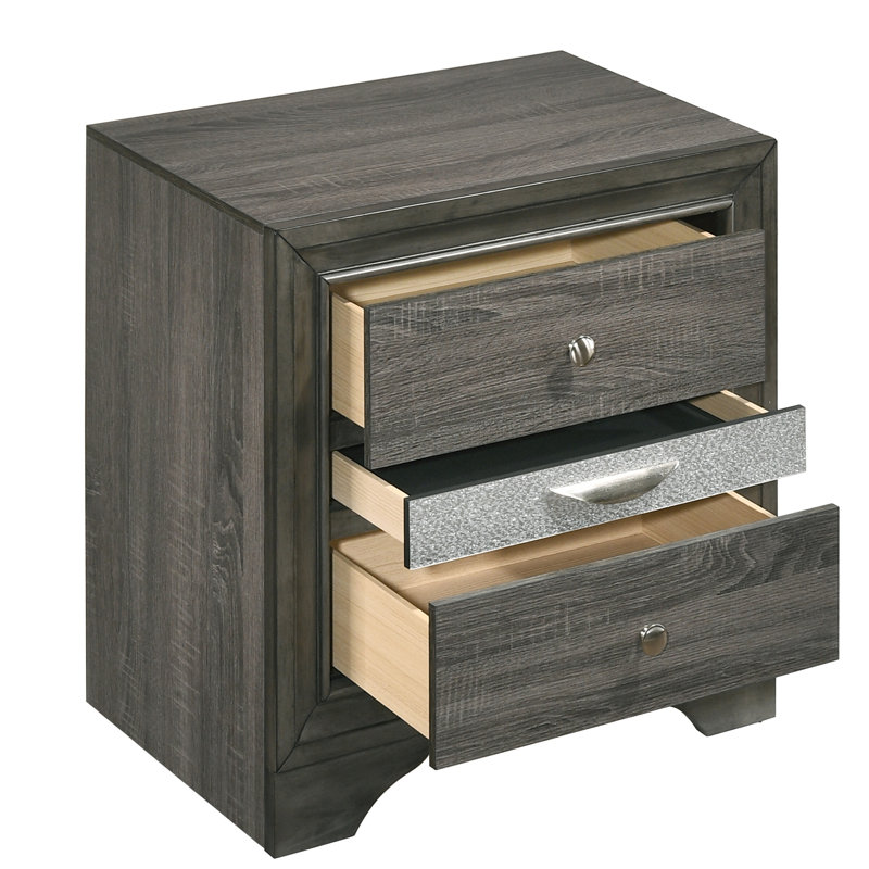 Table de chevet grise 3 chambres - aspect rustique élégant, H 26,5 po x l 17,5 po, tiroir en bois d'hévéa doublé de feutre pour style contemporain, compartiment de rangement 26,5 po x 26,5 po x 17,5 po