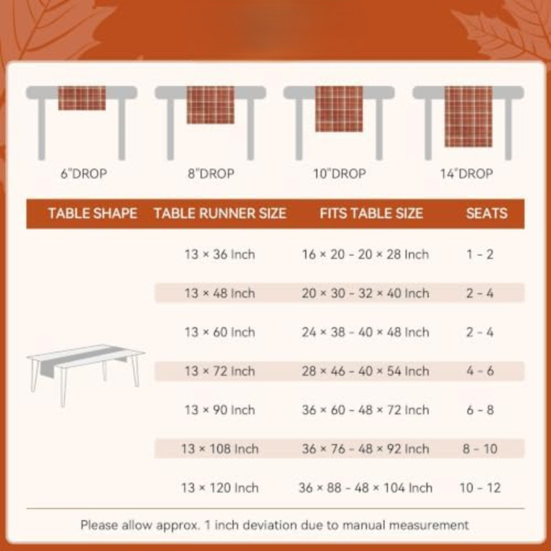 Chemin de table à carreaux tartan automnal, orange, 13 x 70 pouces, L 70 po