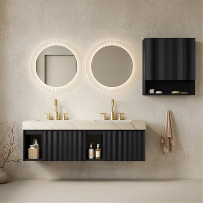 Ensemble de rangement 60 po + TOBI 26 po, meuble-lavabo mural flottant pour salle de bain, plateau en pierre frittée gris Carrara, lavabos en céramique, 3 trous de robinet pré-percés, robinet et drain exclus, couleur noire