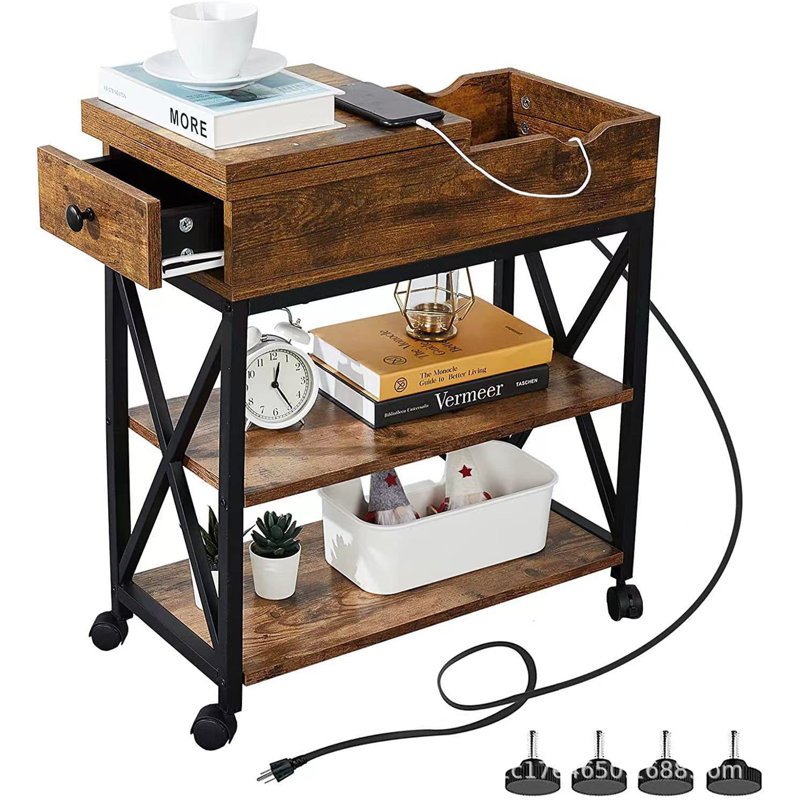Southview End Table with Charging Station Flip Top Side Table with Storage Shelf, Brown