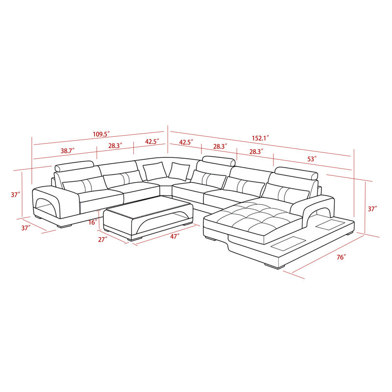 Arieta Upholstered U-Shaped Sectional, Black Genuine Leather, Left Hand Facing
