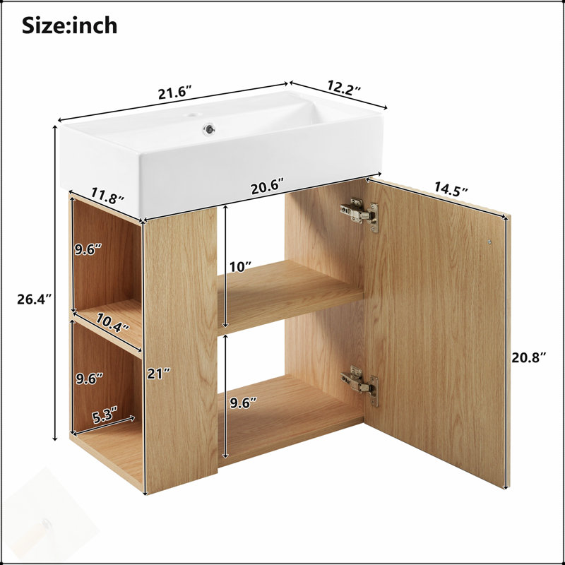 21.6 Inch Modern Floating Bathroom Vanity With Ceramic Basin - Space-Saving Design For Small Bathrooms, Right Side Storage