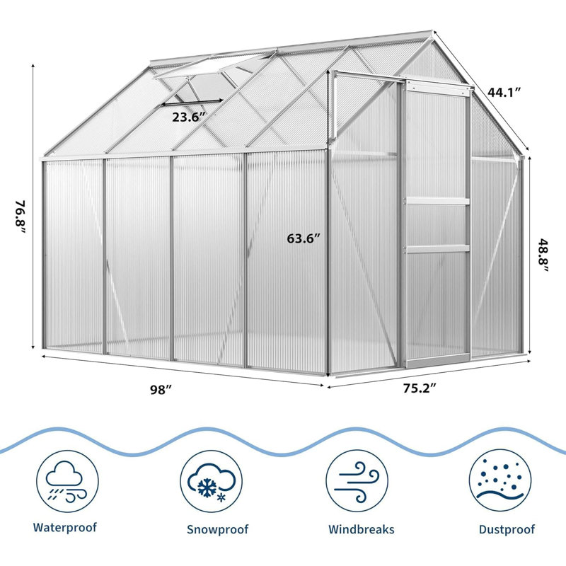 6x8 FT Polycarbonate Walk-In Greenhouse – with Heavy-Duty Aluminum Frame, Sliding Door, Adjustable Roof Vent & Rain Gutter – Perfect for Outdoor Backyard, Garden, Patio, Apartment Balcony