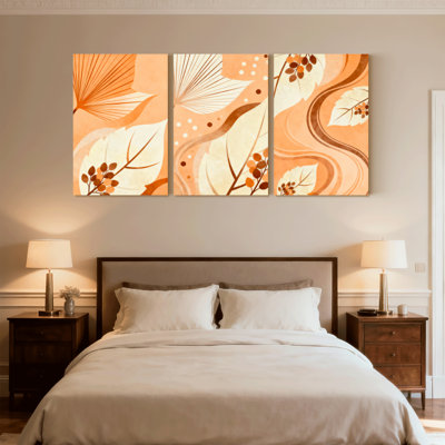 Abstract Orange Leaves Abstract Waves Pattern Art Set of 3 Canvas Wall Art Prints