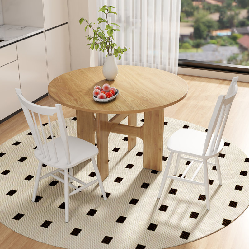 Modern Farmhouse Dining Set - Cross-Leg Round Table & Windsor Chairs - 3/5-Piece Kitchen Set, Natural/White