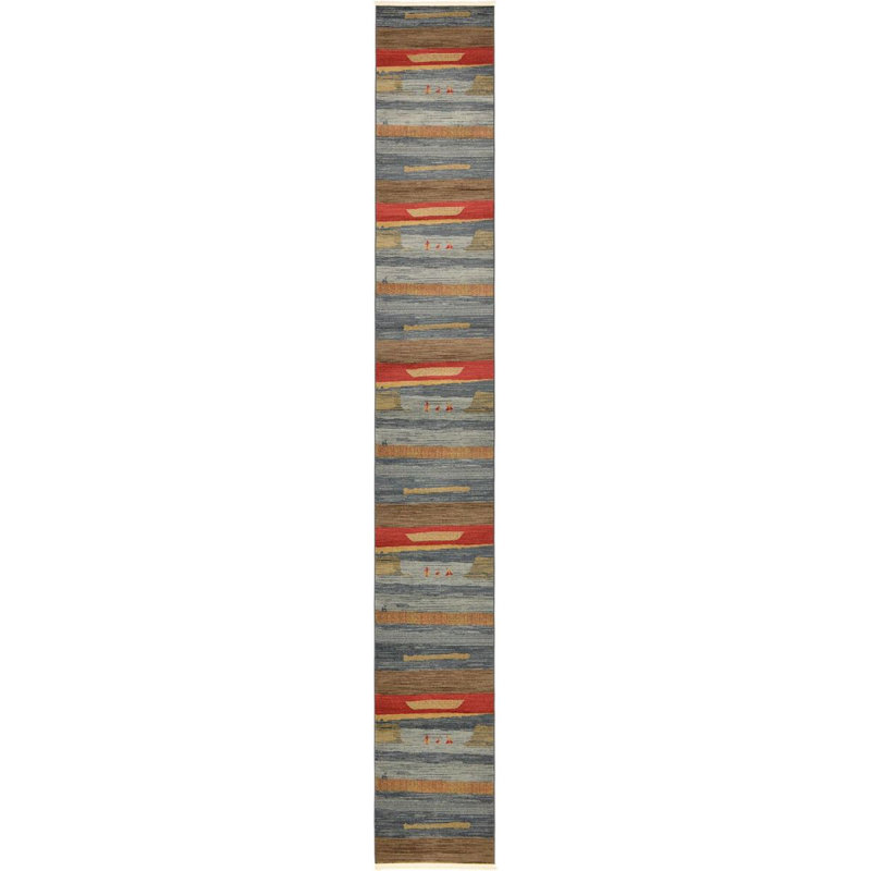 Tapis à motif géométrique bleu / rouge / beige, Tapis de couloir 2 pi 7 po x 10 pi