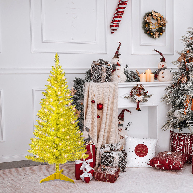 Arbre de Noël doré 4 pi avec 50 lumières UL et 122 pointes en PVC - Arbre de Noël artificiel pré-éclairé pour la décoration intérieure, un petit espace, une table, un appartement ou un bureau