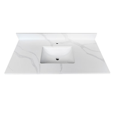 43" Carrara White Quartz Bathroom Vanity Top with Undermount Sink, 4" Backsplash & Pre-Drilled Faucet Hole