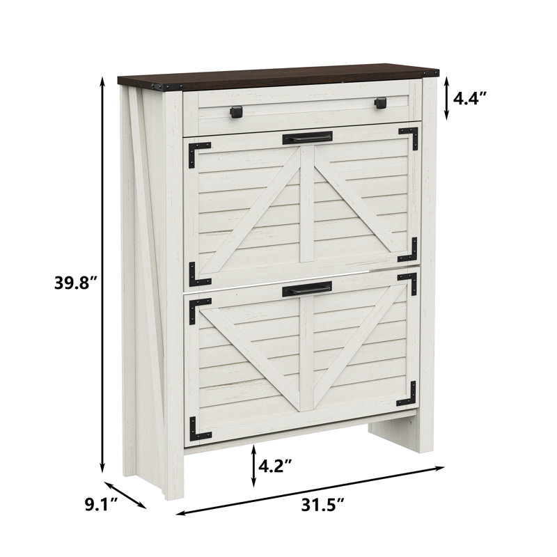 16 Pair Shoe Storage Cabinet with 2 Flip Drawers,Farmhouse Shoe Cabinet for Entryway, White/Dark Brown