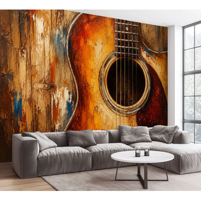 Wall Mural Peel and Stick Wallpaper Rustic Acoustic Guitar Painting Brush Strokes Warm Earth Tones Self-Adhesive Removable Contact Paper Wall Decor for Living Room Bedroom 100"H x 144"W