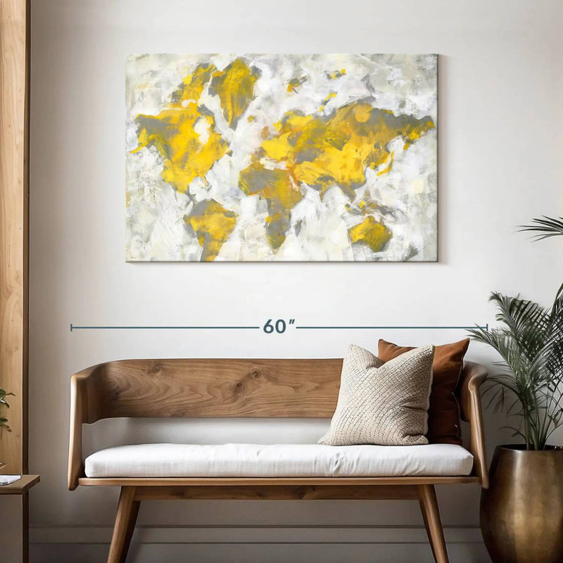 Carte du monde jaune-gris, H 30 po x l 45 po