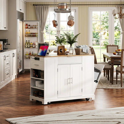 White Textured-Panel Mobile Island, Hidden Waste Bin Cabinet for 10 Gal, Power Port Included, Interior Storage Shelf, Quintuple Caster Wheels, 3 Drawers, 3 External Side Baskets