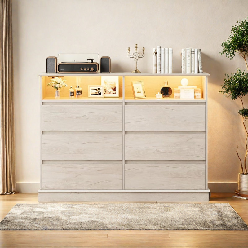 Dresser For Bedroom, 6 Drawer Dresser With Led Lights And Charging Station, Oak