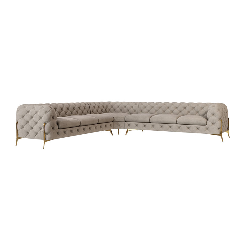 Chesterfield Corner Sofa L-Shape  with Gold Metal Legs, Dark Cream