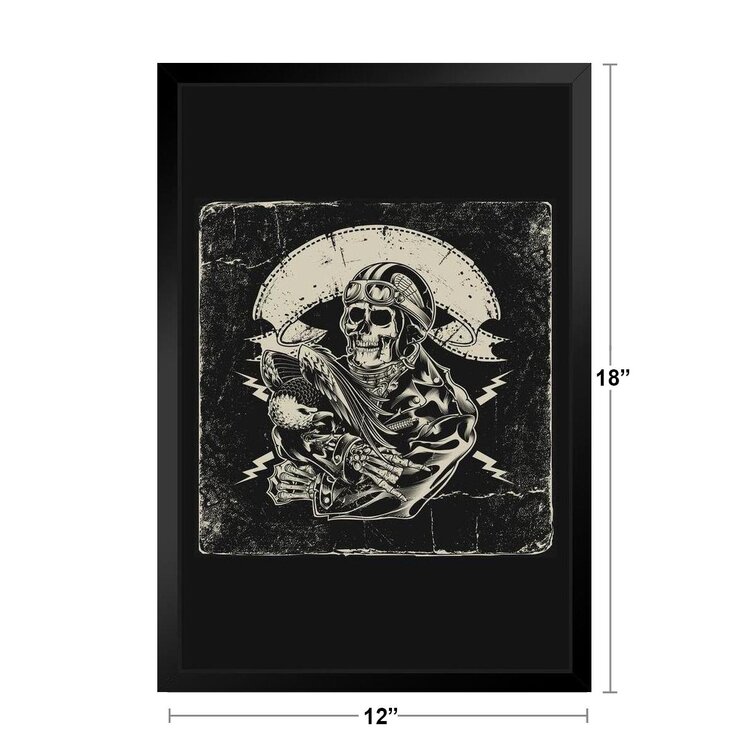 The Holiday Aisle® Skeleton Biker Motorcycle Patch Art Print Black Wood ...