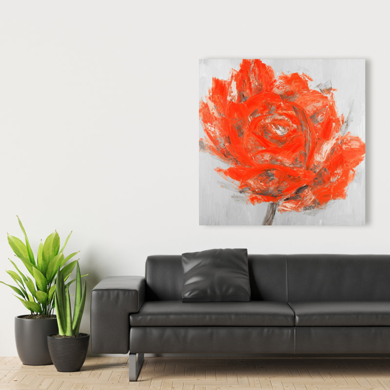 Abstrait fleur rouge - toile grise romantique, H 36 po x l 36 po