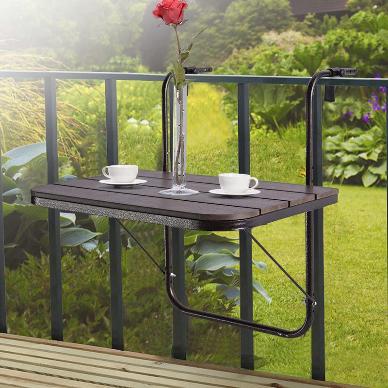 Balcony Railing Table Outdoor Hanging Folding Balcony Bar Table For Railings Patio Table On Railing Aluminium Metal Side Table Adjustable 23.6"(L) X 15.7"(W) Brown