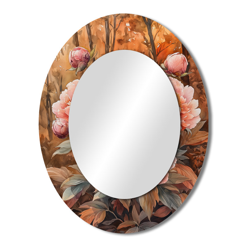 Pivoines et la forêt d'automne I - Miroir mural traditionnel ovale, 43 po x 33 po