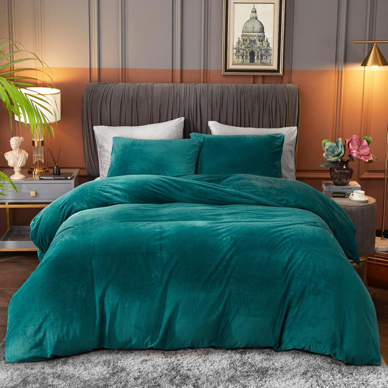 Velvet  Duvet Cover Set 3Pcs Luxury Comforter Cover, Queen Duvet Cover + 2 Standard Pillowcases, Peacock Blue
