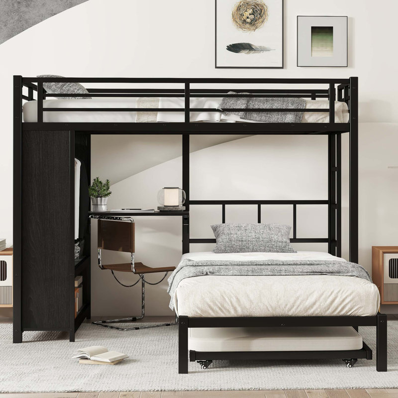 Lit superposé avec garde-robe intégré, lit superposé en métal avec lit gigogne, bureau pliable, échelles, conception à bruit réduit
