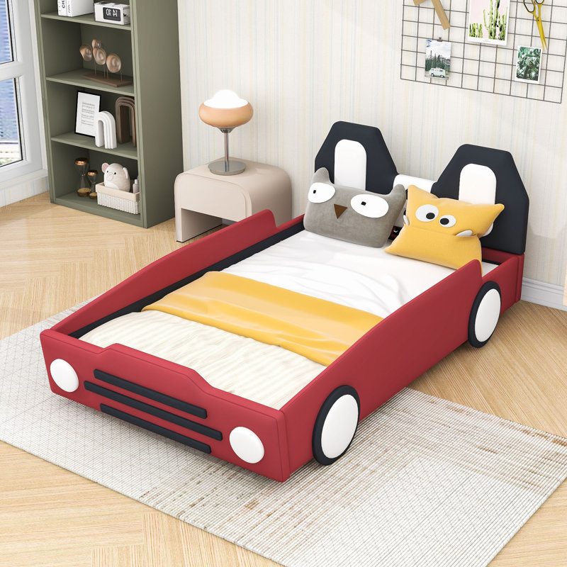 Twin Wooden Car-Themed Bed With Safety Rails, Red