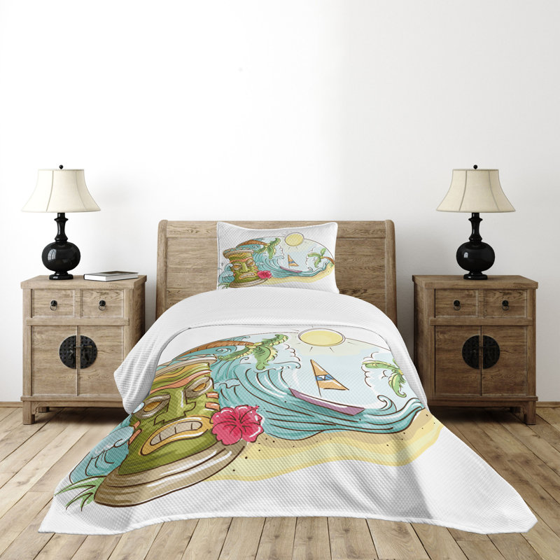 Ambesonne Tiki Bar Bedspread Set Cartoon Beach Multicolor, Twin Bedspread + 1 Standard Sham