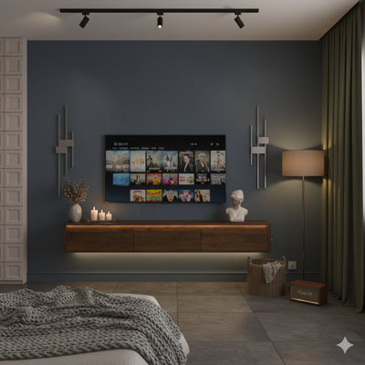 Étagère murale flottante pour téléviseur avec lumières DEL et prise de courant intégrée. Un meuble télé ultrabrillant avec une finition en bois pour les salons.