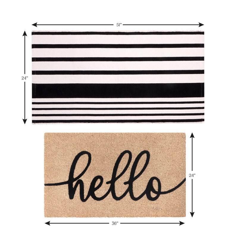 Ensemble de tapis de bienvenue 100% fibre de coco rayé noir et blanc - motif noir Hello, 24 po x 36 po et 24 po x 51 po, support en PVC antidérapant robuste 