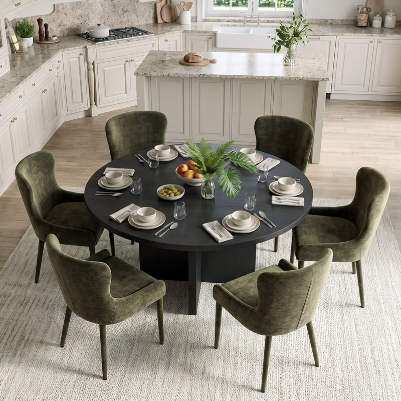 Ensemble de table de salle à manger ronde en placage de bois de 60 pouces avec 6 chaises à oreilles en chenille, Vert
