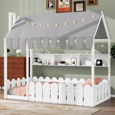Lit pour enfants de style Montessori pour enfants avec rampes de clôture, tente, éclairage et 3 tablettes de rangement intégrées