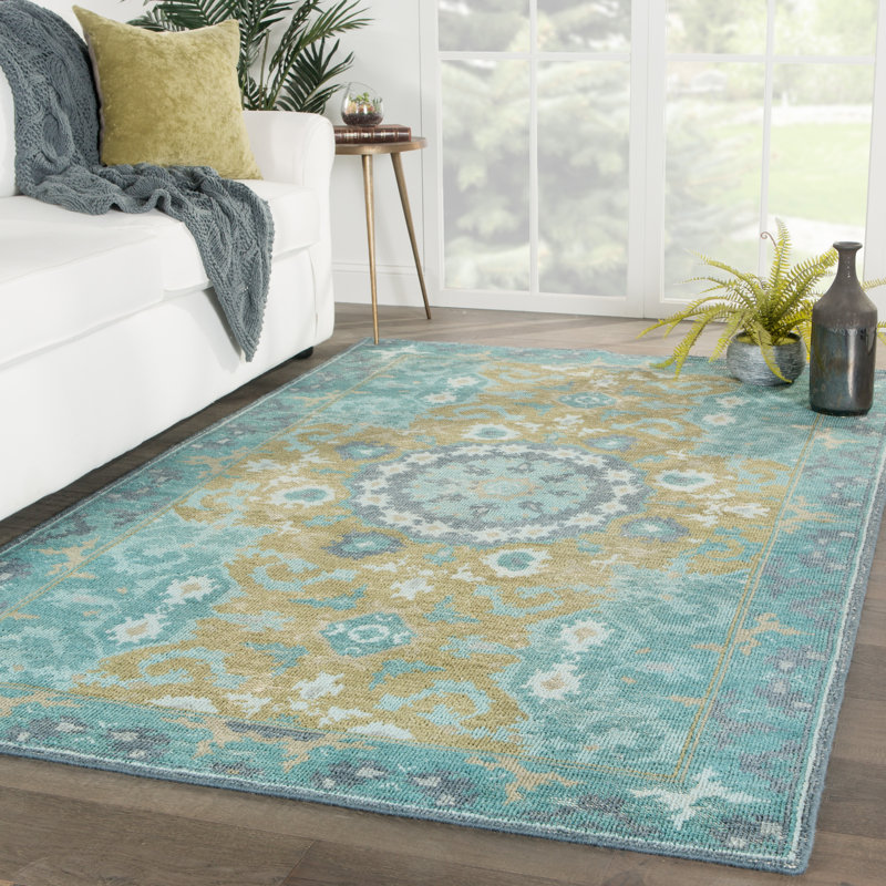 Wool Area Rug in Teal, Rectangle 5' x 8'