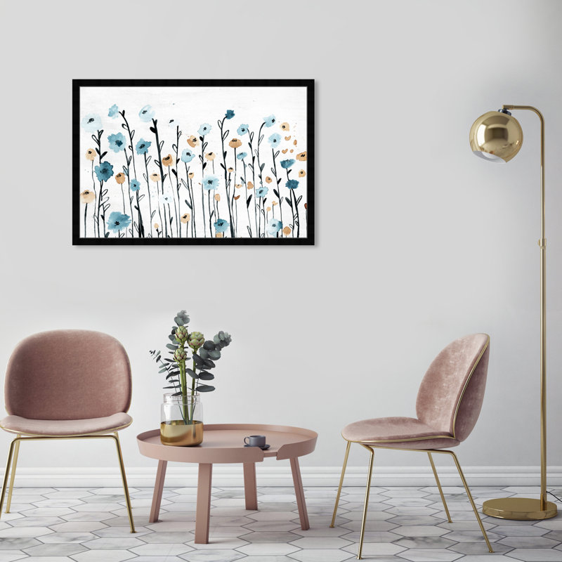 Fleurs bleues pastel bleues - peinture encadrée, Cadre noir, H 26 po x l 38 po