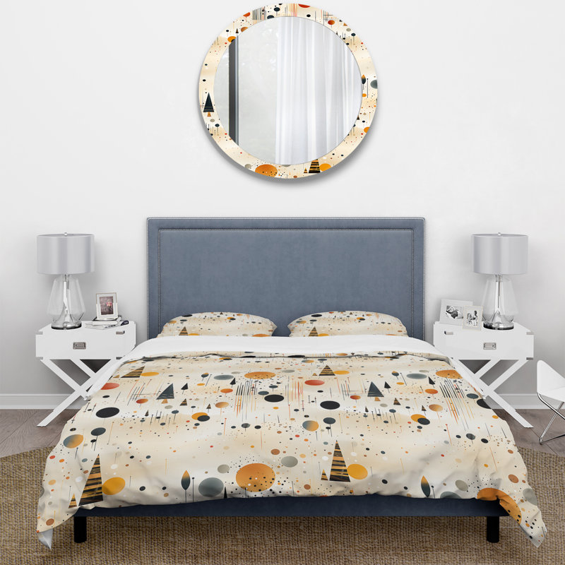 Ensemble de housse de couette à pois gris et jaune paysage rétro à pois, Housse de couette pour très grand lit et 2 très