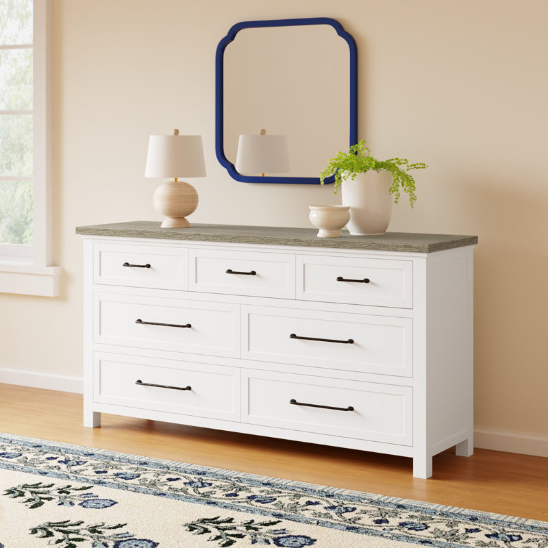 Gabby 69.5" W 7-Drawer Solid and Manufactured Wood Double Dresser, White/Gray
