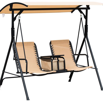 Balancelle de porche 2 places avec auvent, porte-gobelet, store réglable, structure robuste en acier, chaise de patio beige avec auvent, table de rangement pivotante, siège, cadre en acier, chaise d'extérieur