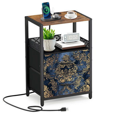 Table de chevet 2 tiroirs en tissu avec station de charge Damas floral doré table de chevet bleu foncé Table de bout avec tablette ouverte Ports et prises USB