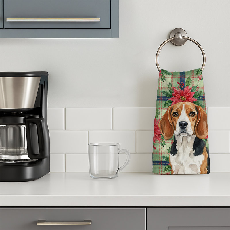 Beagle Christmas PoinsettIas Kitchen Towel, Black/White/Brown Beagle