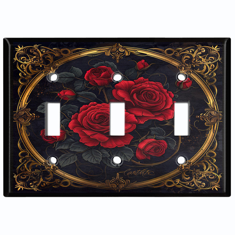 Couvercle de plaque d'interrupteur en métal; Bascule 3 bandes US standard - Roses victoriennes gothiques, Triple # 3