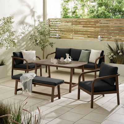 Lydia Wooden 8 Seater Garden Dining Set: Table, 2 Chairs, Sofa & Bench With Cushions  - Modern Style