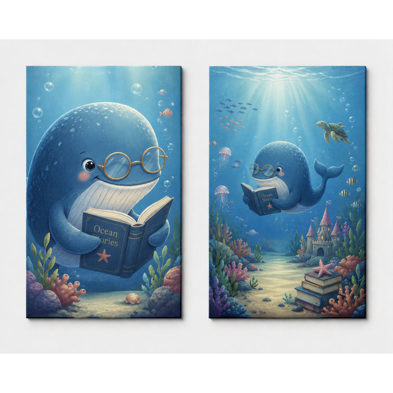 Grand ensemble de 2 baleines de lecture mignonnes, impression sur toile, impression sur toile pour enfants, impression sur toile 16 x 24 pouces - prête à être accrochée