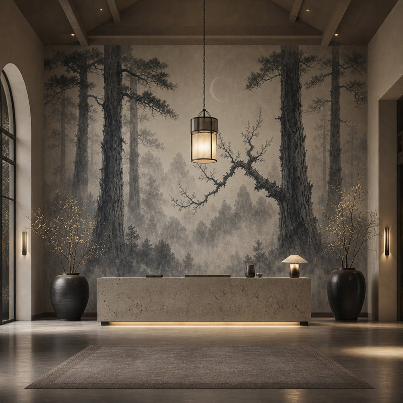 Papier peint Misty Forest Cloudy Sky, 120 po x 96 po, Peler et coller