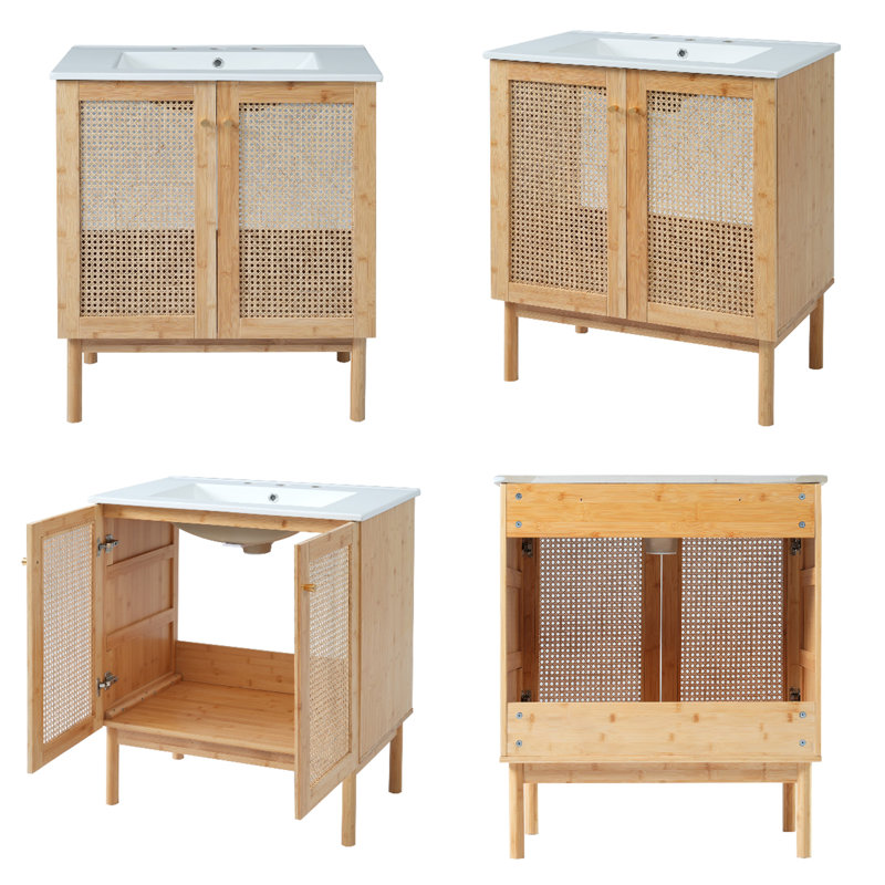 Meuble-lavabo sur pied 30 po avec lavabo en céramique, armoire de rangement autoportante avec 2 portes à fermeture en douceur, structure en bois massif