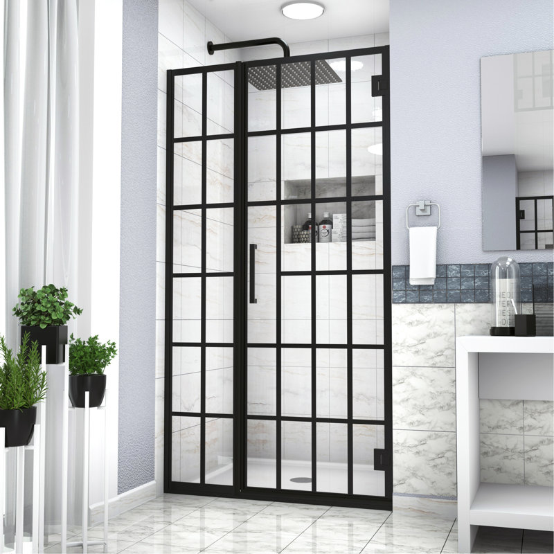 Porte de douche l 34 po x H 72 po Porte de douche pivotante sans cadre avec motif en verre, entrée ouverte, noir mat