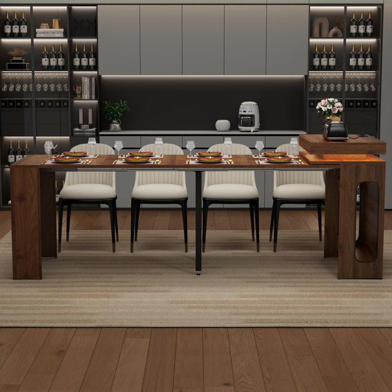 Table de salle à manger extensible avec station de charge et lumières à DEL, table de salle à manger en faux marbre brun rustique de 19,7 po à 98,4 po