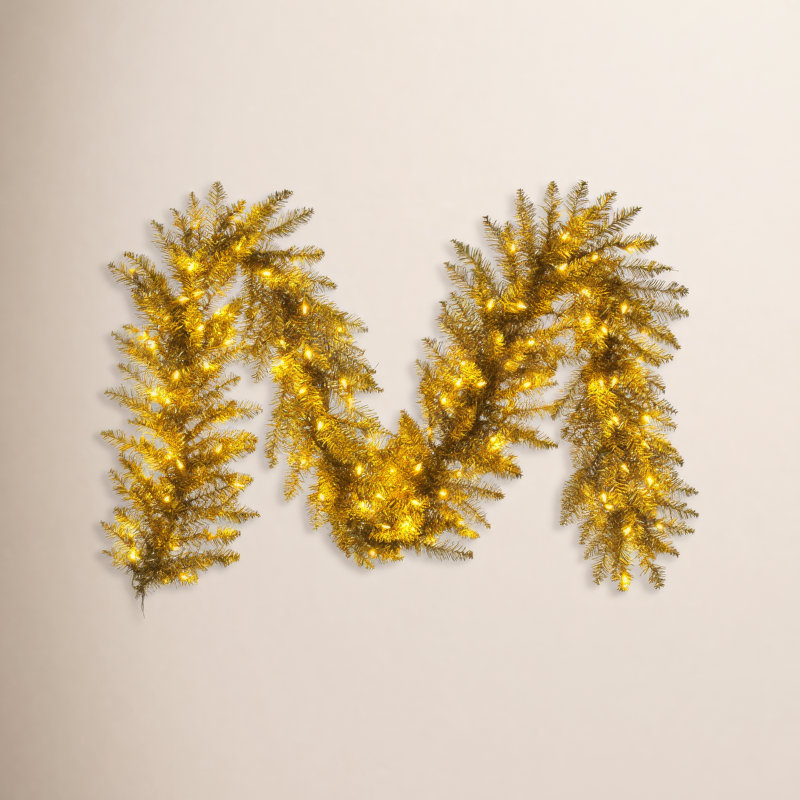 9' x 14" Gold Tinsel Artificial Garland with Warm White LED Lights.