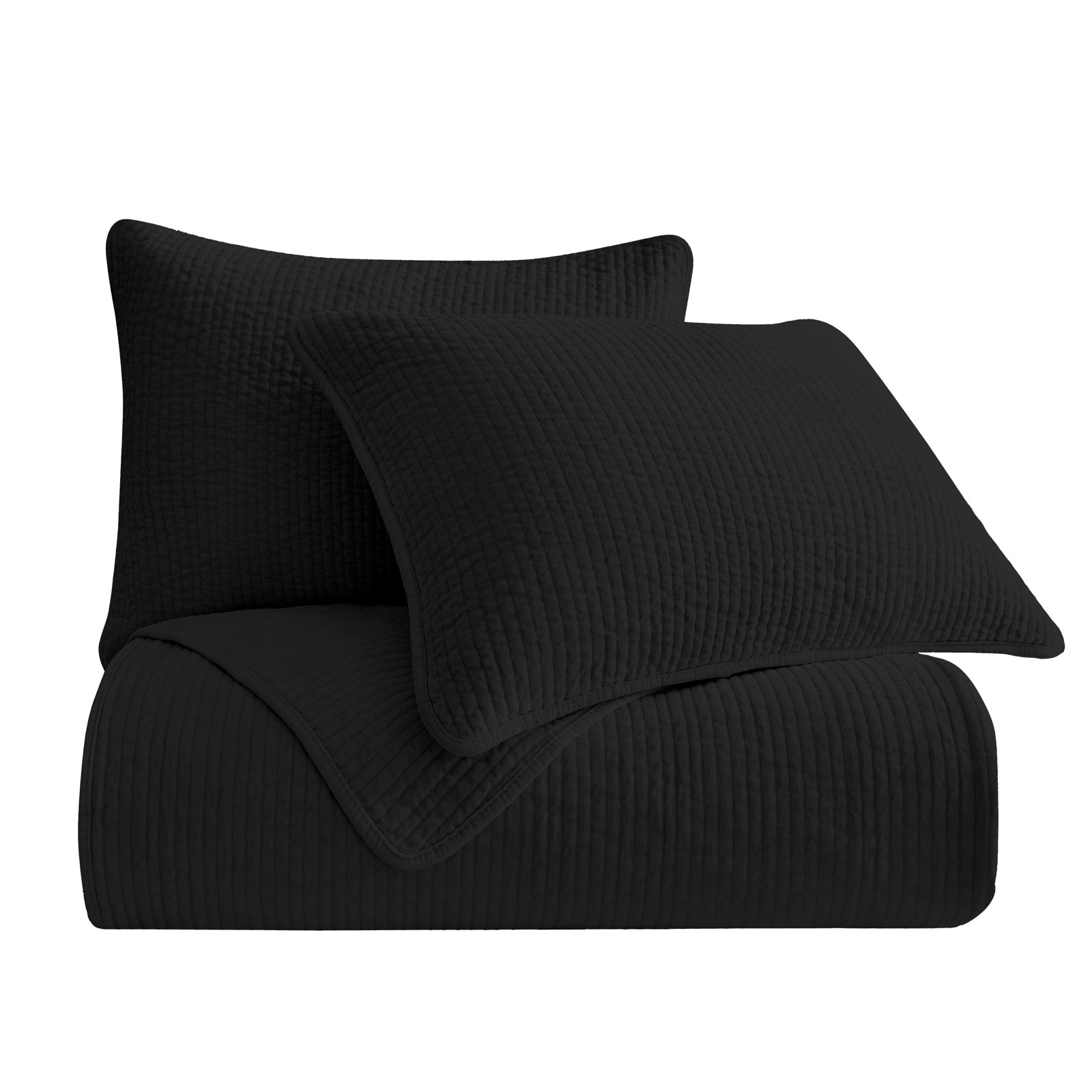 Stone Washed Cotton Velvet Quilt Set, King Quilt  + 2 King Shams, Black