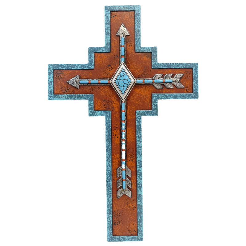 Pendentif flèche en polyrésine sur une croix murale orange et sud-ouest turquoise