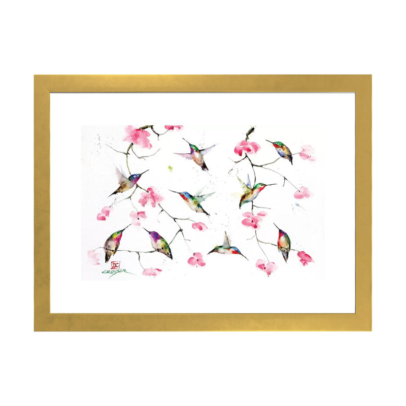 Rassemblement de colibris par Dean Crouser, reproduction d’art, H 16 po x l 24 po x P 1 po, Papier encadré doré, Blanc