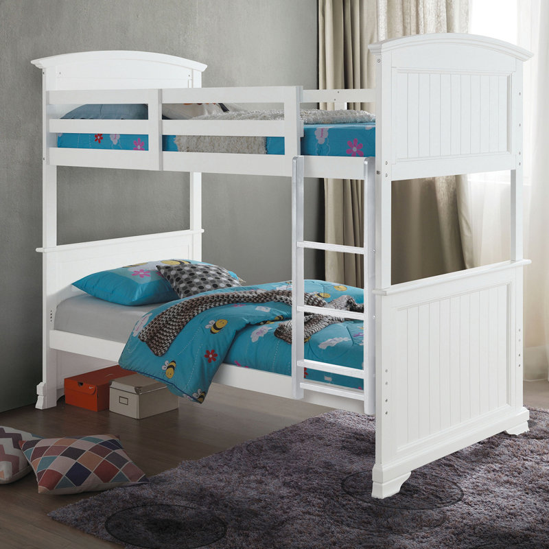 Lit simple superposé double de style transitionnel en bois blanc, massif et d'ingénierie, avec tête de lit à panneau, réversible, pieds de support avec système de joint